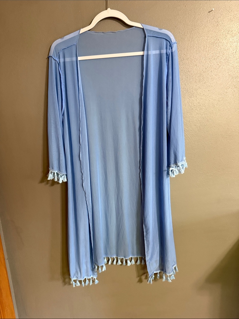 Light Blue Tassel Trim Kimono Cardigan